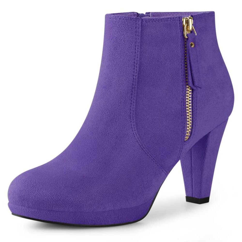Platform Round Toe Chunky Heels Ankle Boots Dark Purple